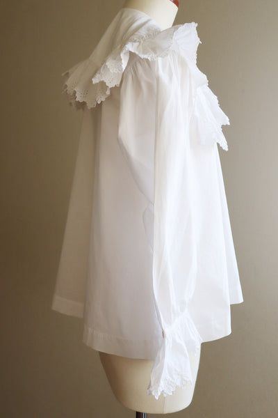 1890s~1900s Edwardian Big Collar White Cotton Ruffled Blouse