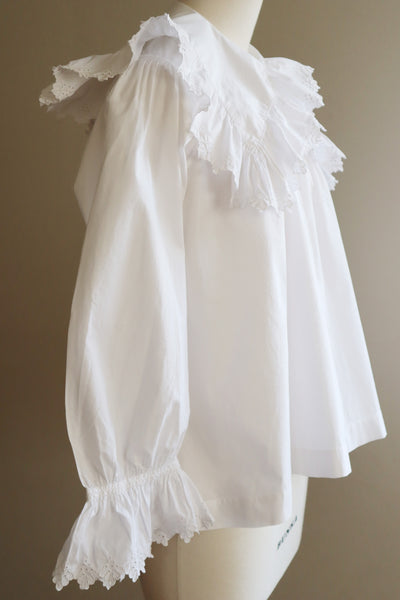 1890s~1900s Edwardian Big Collar White Cotton Ruffled Blouse