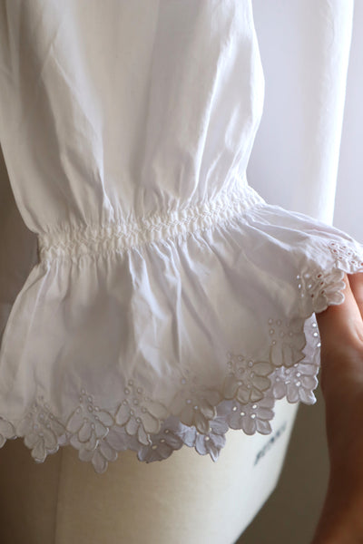 1890s~1900s Edwardian Big Collar White Cotton Ruffled Blouse