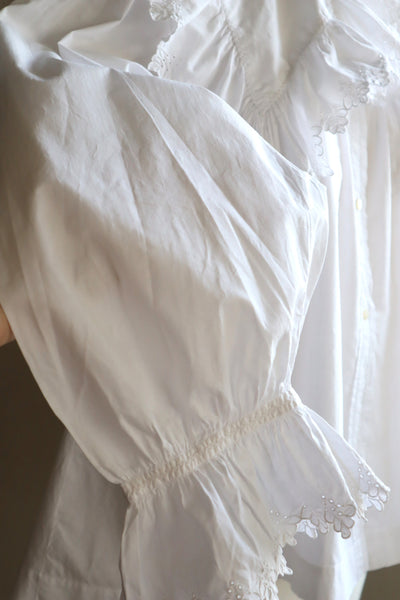 1890s~1900s Edwardian Big Collar White Cotton Ruffled Blouse