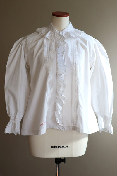 1900s Edwardian White Cotton Ruffled Blouse Monogram MC