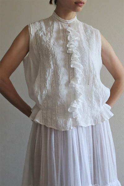 1920s Embroidery  Ruffle Lace Sleeveless Blouse