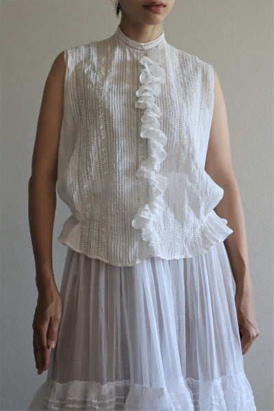 1920s Embroidery  Ruffle Lace Sleeveless Blouse