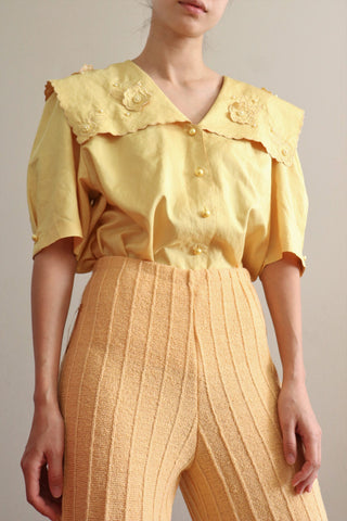 80s Big Collar Floral Blouse Yellow
