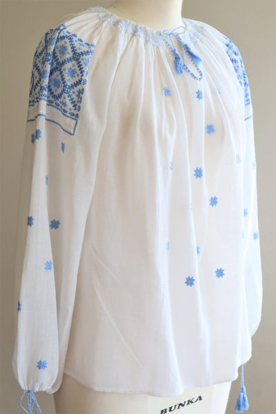 1940s Hand Embroidered Cotton Gauze Romanian Blouse