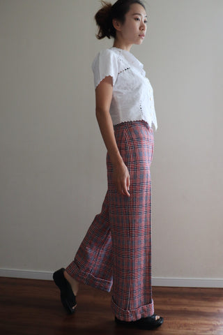 70s Plaid Bell Bottom Pants Red×Purple×Blue