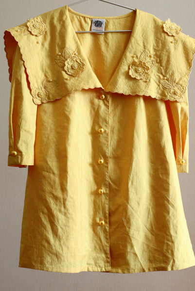 80s Big Collar Floral Blouse Yellow