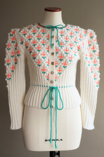 80s Neon Orange flower Embroidered Austrian Hand Knit Cardigan