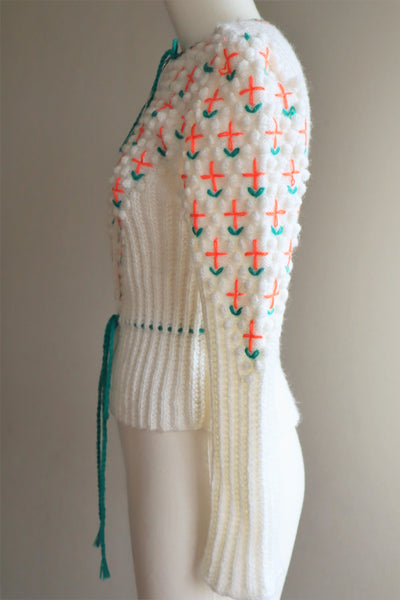 80s Neon Orange flower Embroidered Austrian Hand Knit Cardigan