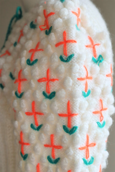 80s Neon Orange flower Embroidered Austrian Hand Knit Cardigan