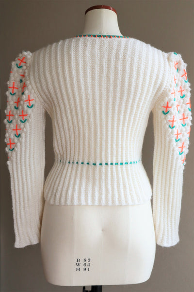 80s Neon Orange flower Embroidered Austrian Hand Knit Cardigan