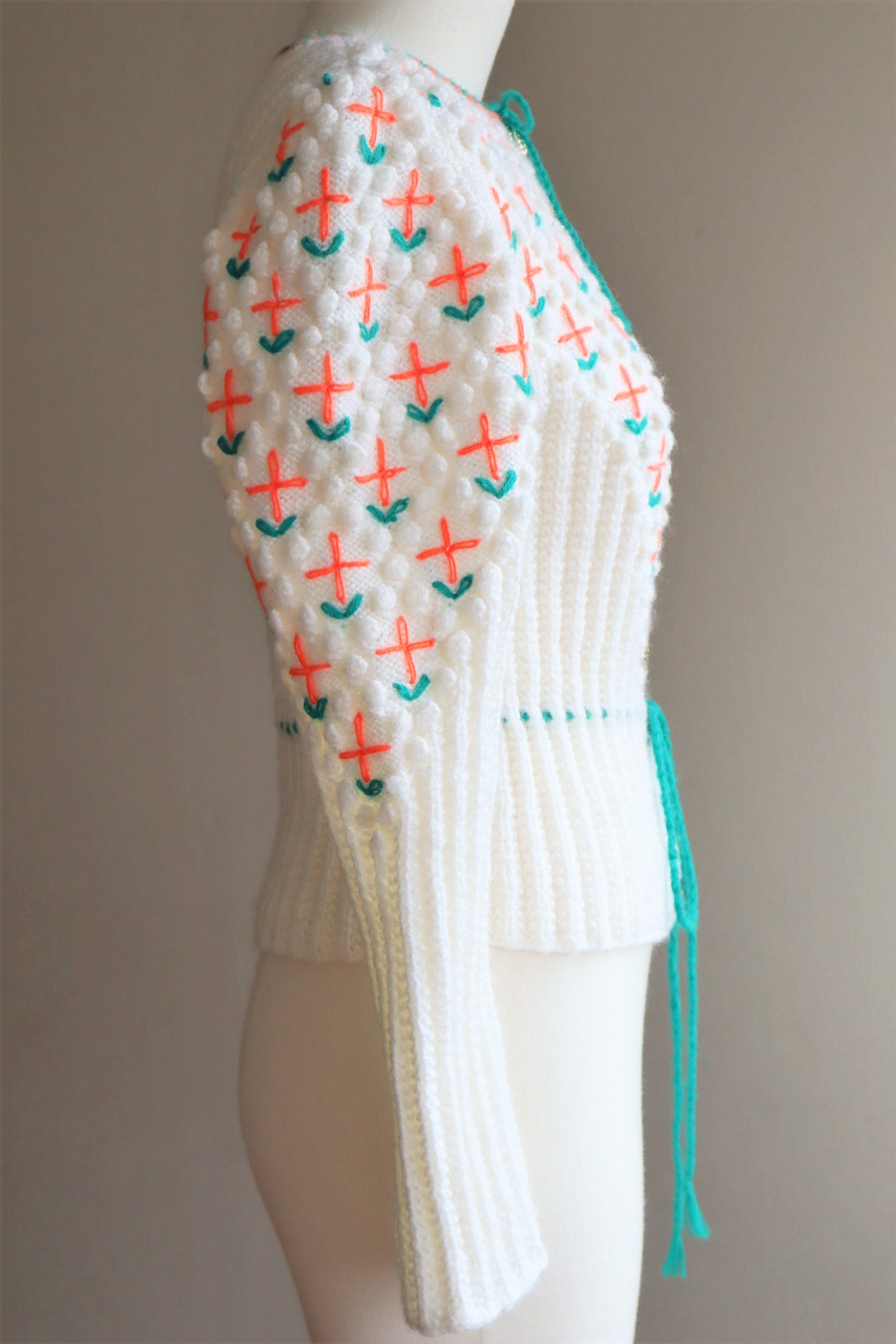 80s Neon Orange flower Embroidered Austrian Hand Knit Cardigan