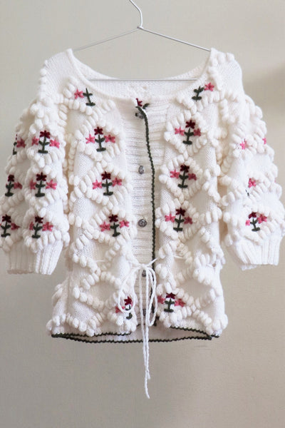 Austrian Hand knit Cardigan Embroidered Flowers White Short Sleeve