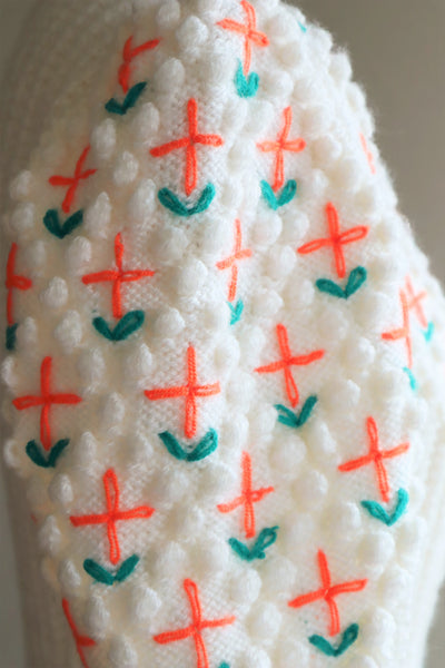80s Neon Orange flower Embroidered Austrian Hand Knit Cardigan
