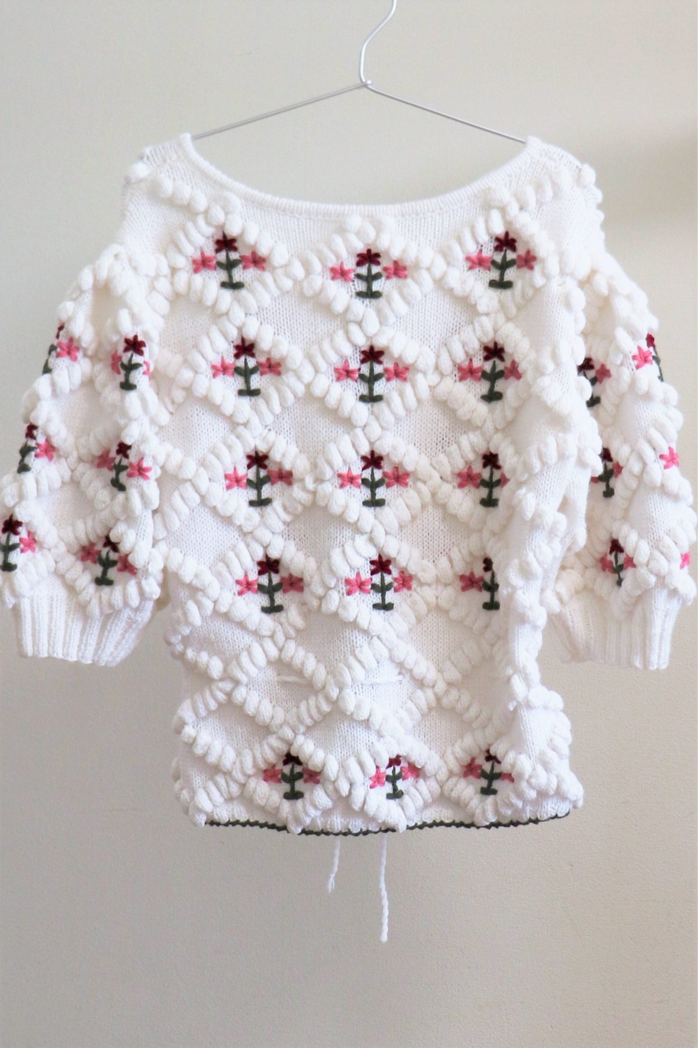Austrian Hand knit Cardigan Embroidered Flowers White Short Sleeve