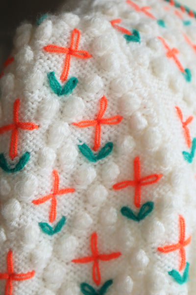 80s Neon Orange flower Embroidered Austrian Hand Knit Cardigan