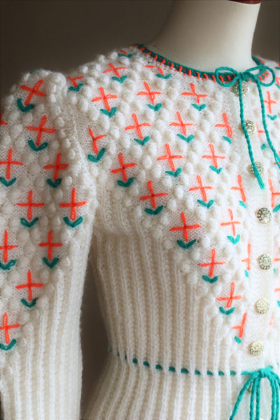 80s Neon Orange flower Embroidered Austrian Hand Knit Cardigan