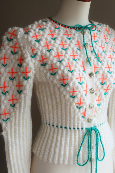 80s Neon Orange flower Embroidered Austrian Hand Knit Cardigan