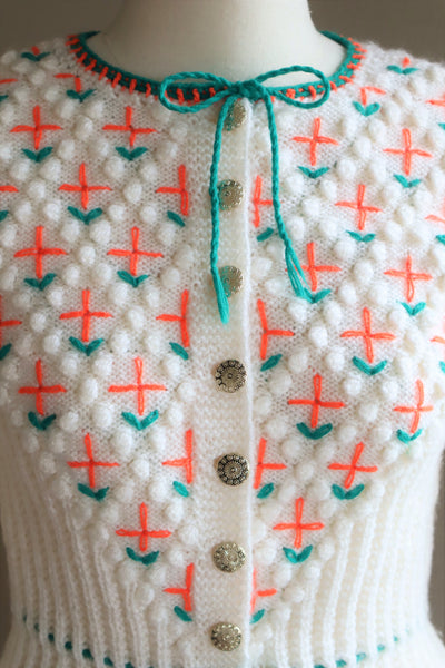 80s Neon Orange flower Embroidered Austrian Hand Knit Cardigan