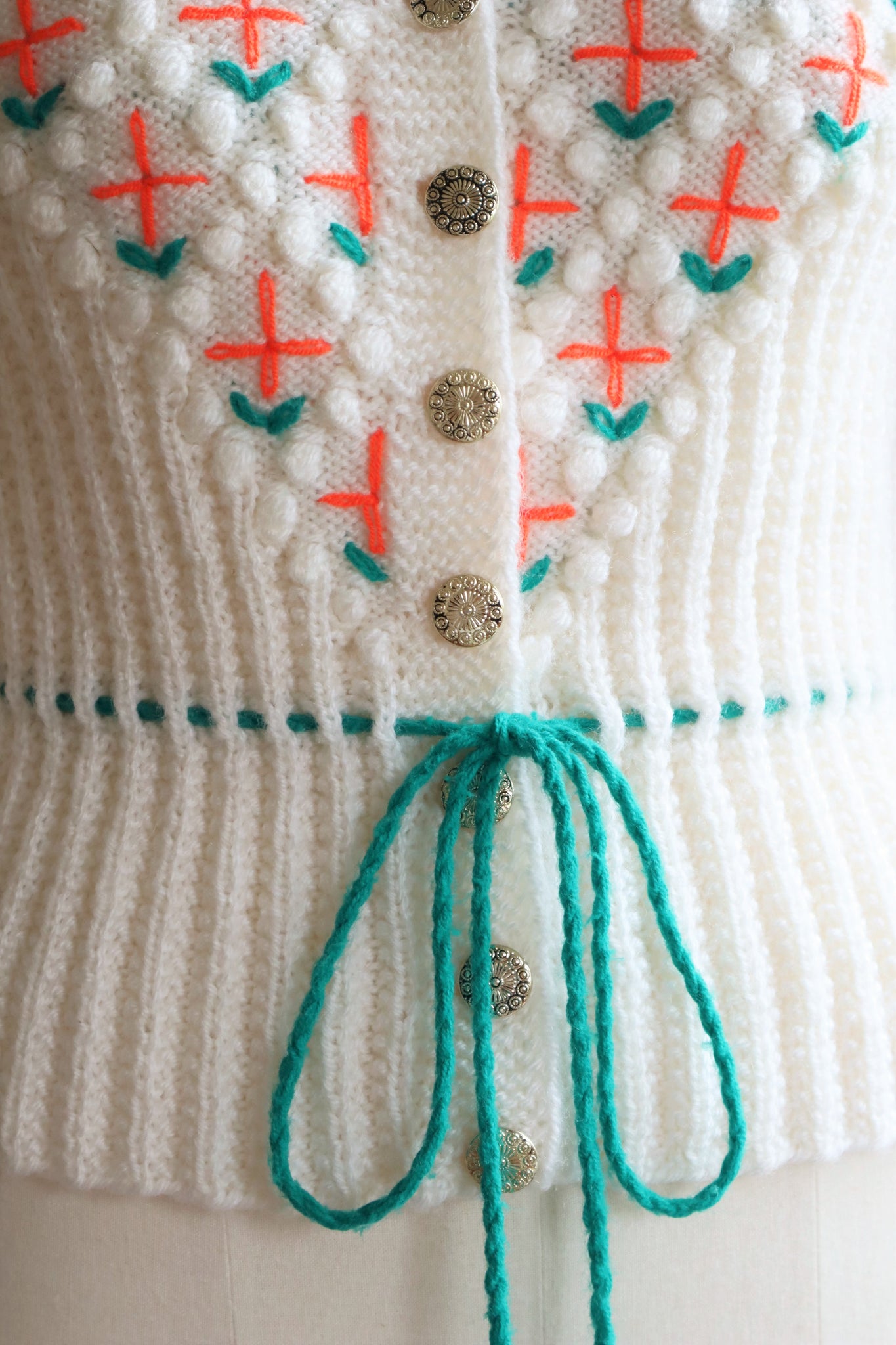 80s Neon Orange flower Embroidered Austrian Hand Knit Cardigan