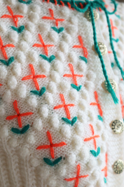 80s Neon Orange flower Embroidered Austrian Hand Knit Cardigan