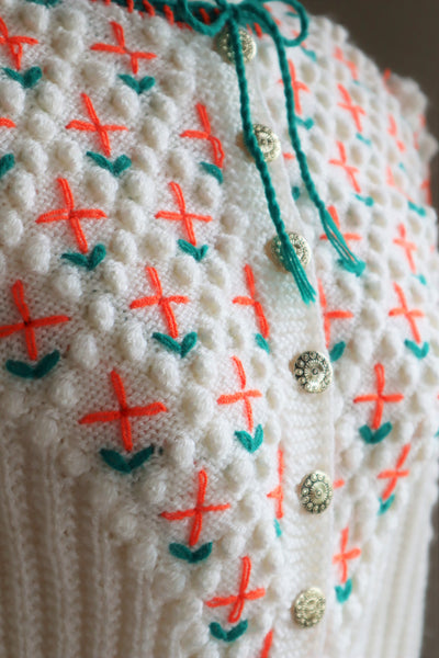 80s Neon Orange flower Embroidered Austrian Hand Knit Cardigan