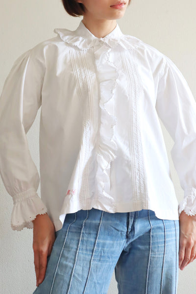 1900s Edwardian White Cotton Ruffled Blouse Monogram MC