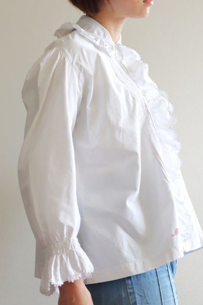 1900s Edwardian White Cotton Ruffled Blouse Monogram MC