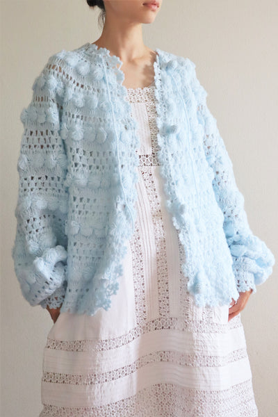 80s Fluffy Pale Blue Hand Knit Cardigan