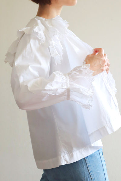 1890s~1900s Edwardian Big Collar White Cotton Ruffled Blouse