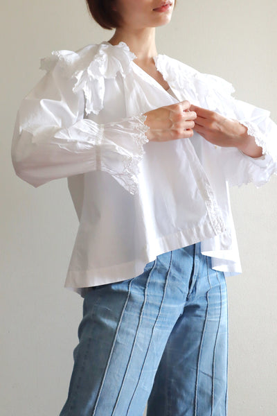 1890s~1900s Edwardian Big Collar White Cotton Ruffled Blouse