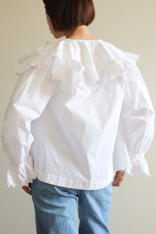 1890s~1900s Edwardian Big Collar White Cotton Ruffled Blouse