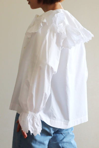 1890s~1900s Edwardian Big Collar White Cotton Ruffled Blouse