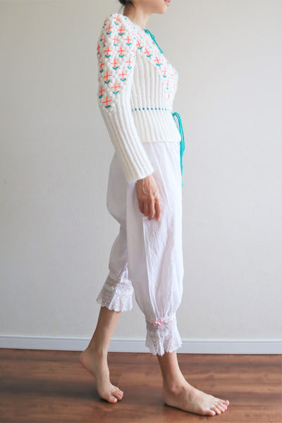 80s Neon Orange flower Embroidered Austrian Hand Knit Cardigan