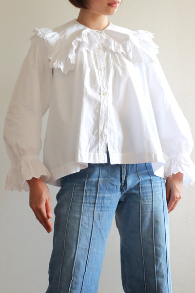 1890s~1900s Edwardian Big Collar White Cotton Ruffled Blouse