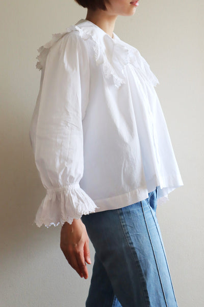 1890s~1900s Edwardian Big Collar White Cotton Ruffled Blouse