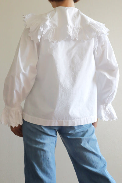 1890s~1900s Edwardian Big Collar White Cotton Ruffled Blouse