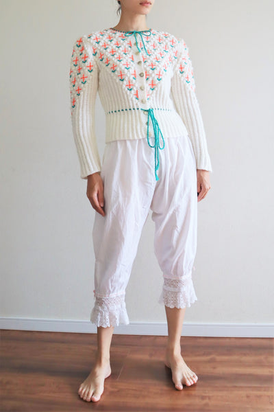 80s Neon Orange flower Embroidered Austrian Hand Knit Cardigan