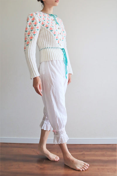 80s Neon Orange flower Embroidered Austrian Hand Knit Cardigan