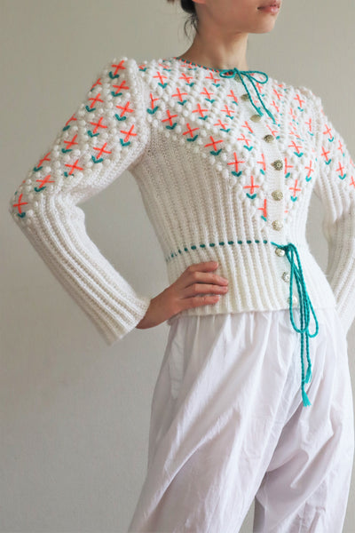 80s Neon Orange flower Embroidered Austrian Hand Knit Cardigan