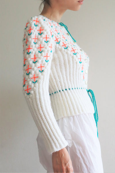 80s Neon Orange flower Embroidered Austrian Hand Knit Cardigan
