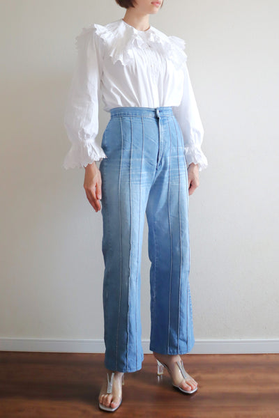 1890s~1900s Edwardian Big Collar White Cotton Ruffled Blouse