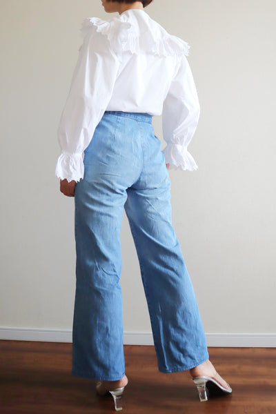 1890s~1900s Edwardian Big Collar White Cotton Ruffled Blouse