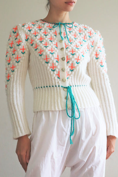 80s Neon Orange flower Embroidered Austrian Hand Knit Cardigan