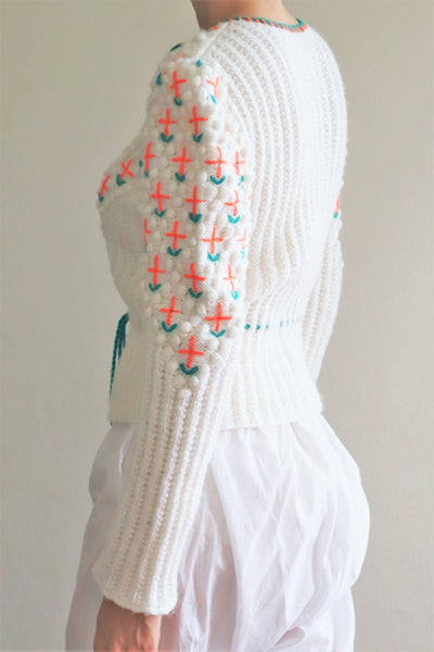 80s Neon Orange flower Embroidered Austrian Hand Knit Cardigan