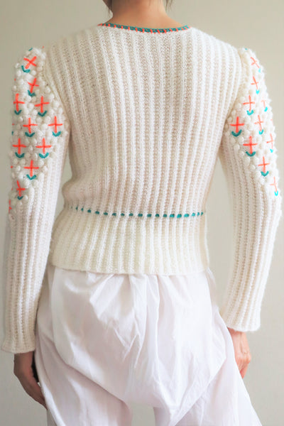 80s Neon Orange flower Embroidered Austrian Hand Knit Cardigan