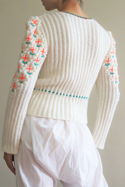 80s Neon Orange flower Embroidered Austrian Hand Knit Cardigan