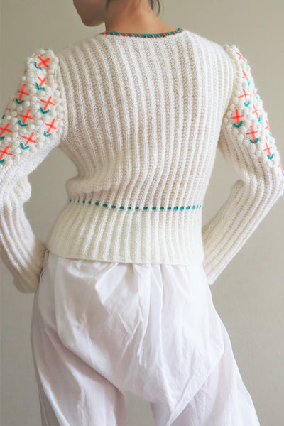80s Neon Orange flower Embroidered Austrian Hand Knit Cardigan