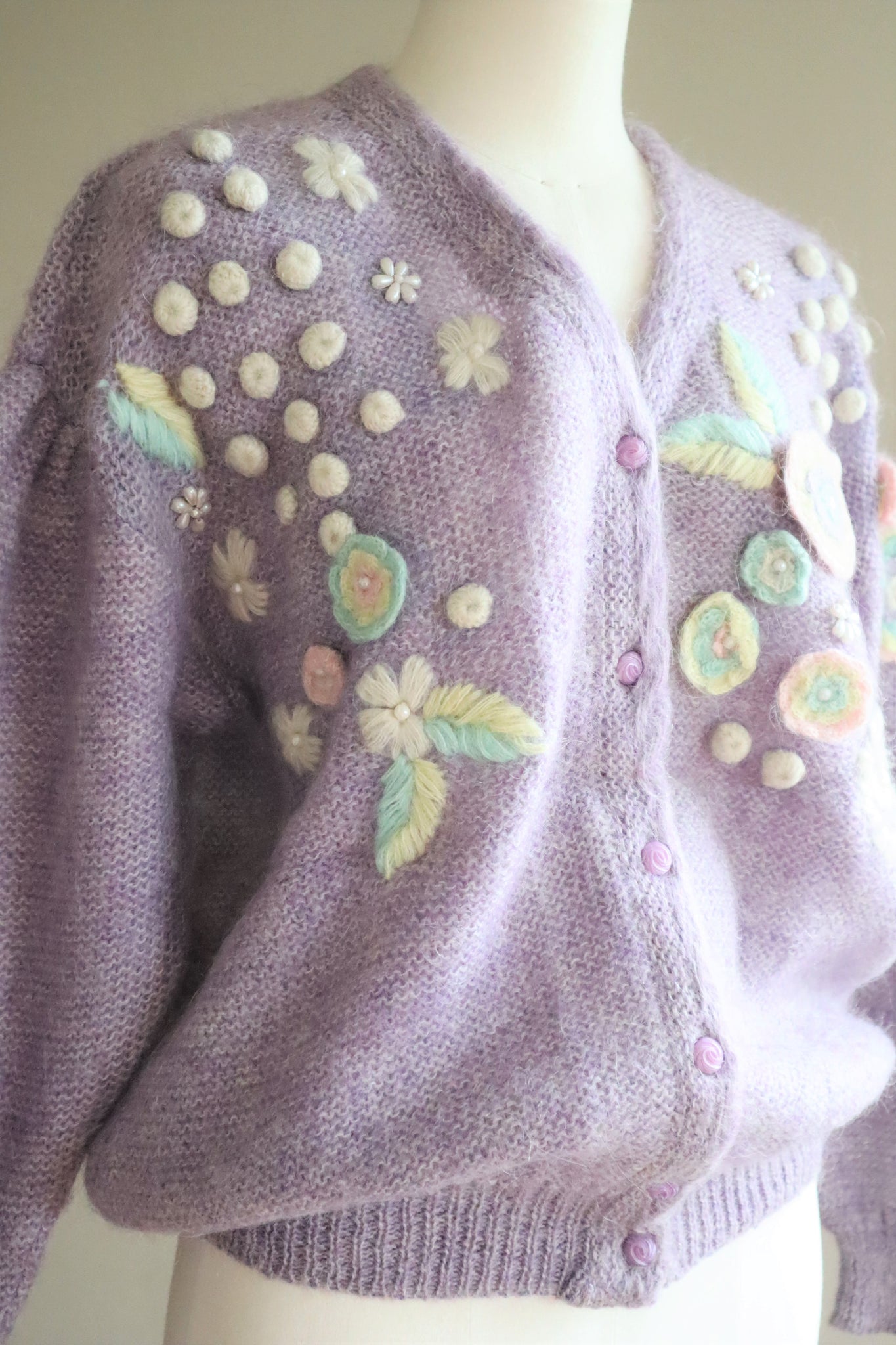 80s Hand Knit Pale Purple Mohair Cardigan