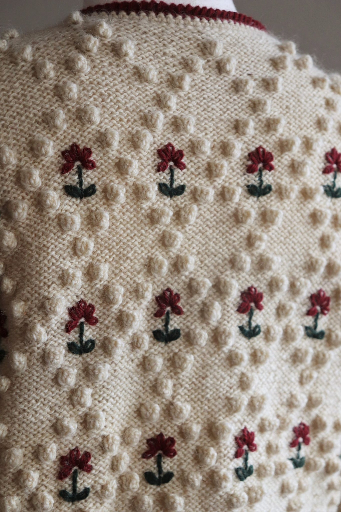 Austrian Hand Knit Cardigan Dark Cherry Red Flower Embroidered